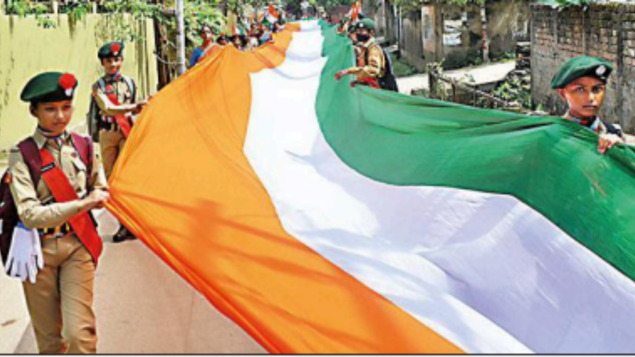  NCC cadres take part in a Tiranga yatra; children deck up as part of Azadi Ka Amrit Mahotsav celebrations in Guwahati on Tuesday; people buy the national flag in Tezpur