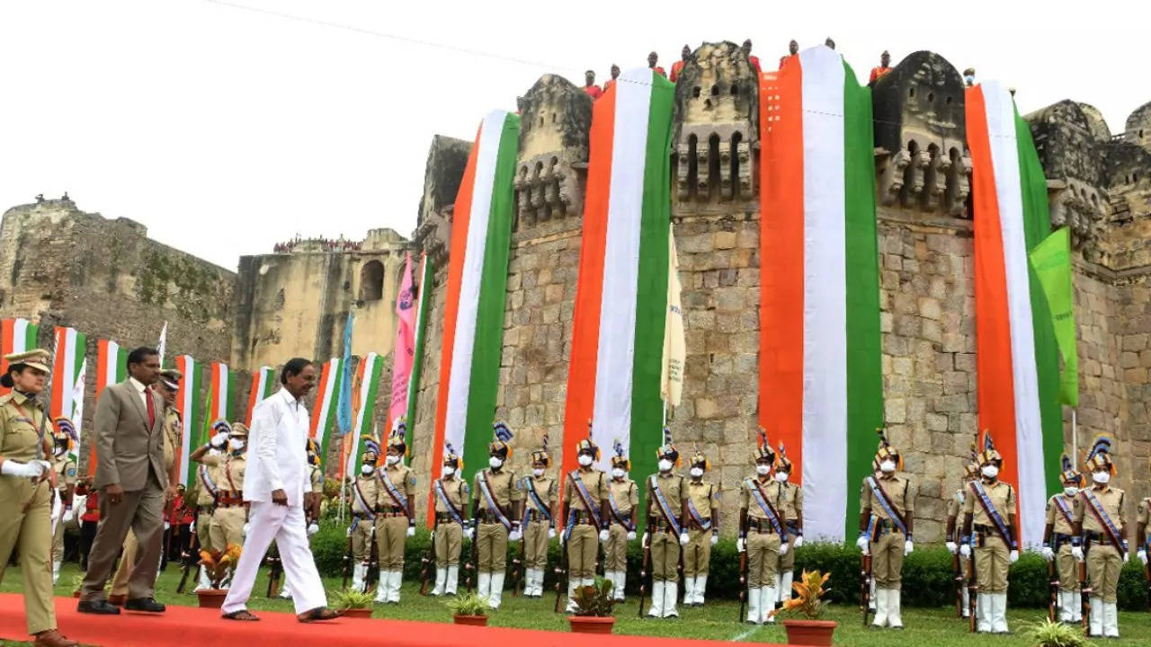 Telangana chief minister K Chandrasekhar Rao inspects the Guard of Honour during the function on the occasion of 76th Independence Day at Golconda Fort in Hyderabad