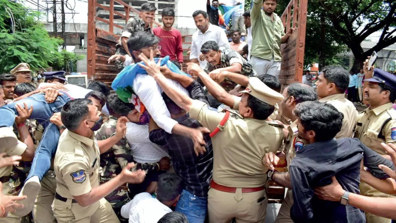 Cops detain protesting NSUI activists at JNTU Hyderabad campus on Monday