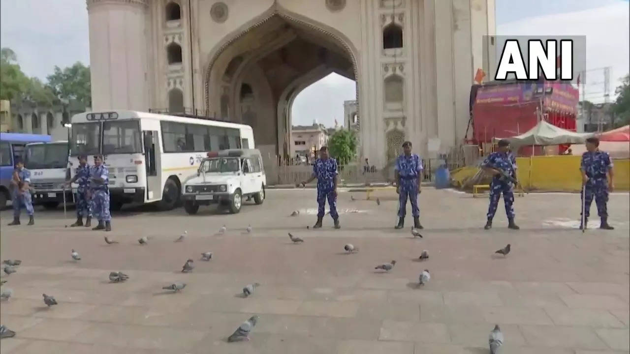 Security at Charminar in wake of massive protest here on August 23, against the suspended BJP leader Raja Singh's alleged remarks on Prophet Muhammad
