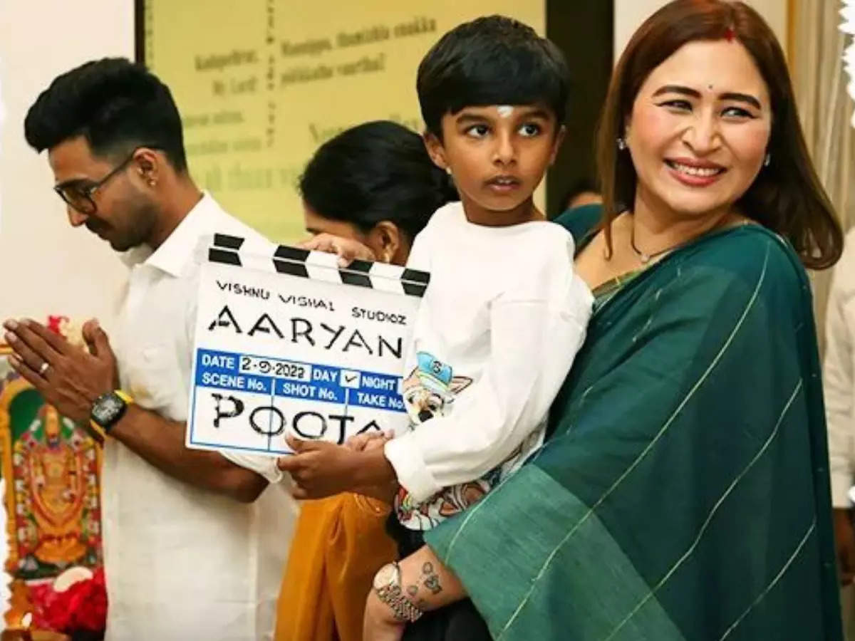 Vishnu Vishal's son and wife attend pooja of his latest film ...