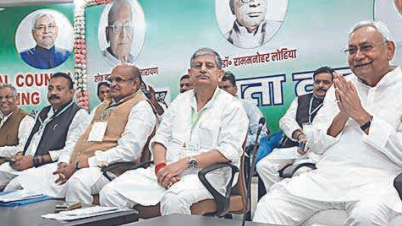 Chief minister Nitish Kumar and other JD(U) leaders at the party's national council meeting in Patna on Sunday