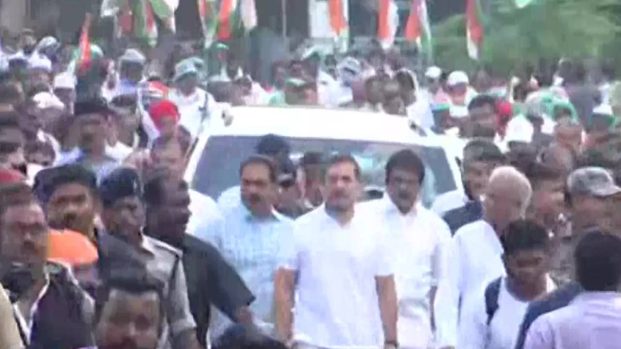 Congress MP Rahul Gandhi along with party leaders and workers resume 'Bharat Jodo Yatra' on its eighth day in Kollam, Kerala. (ANI photo)
