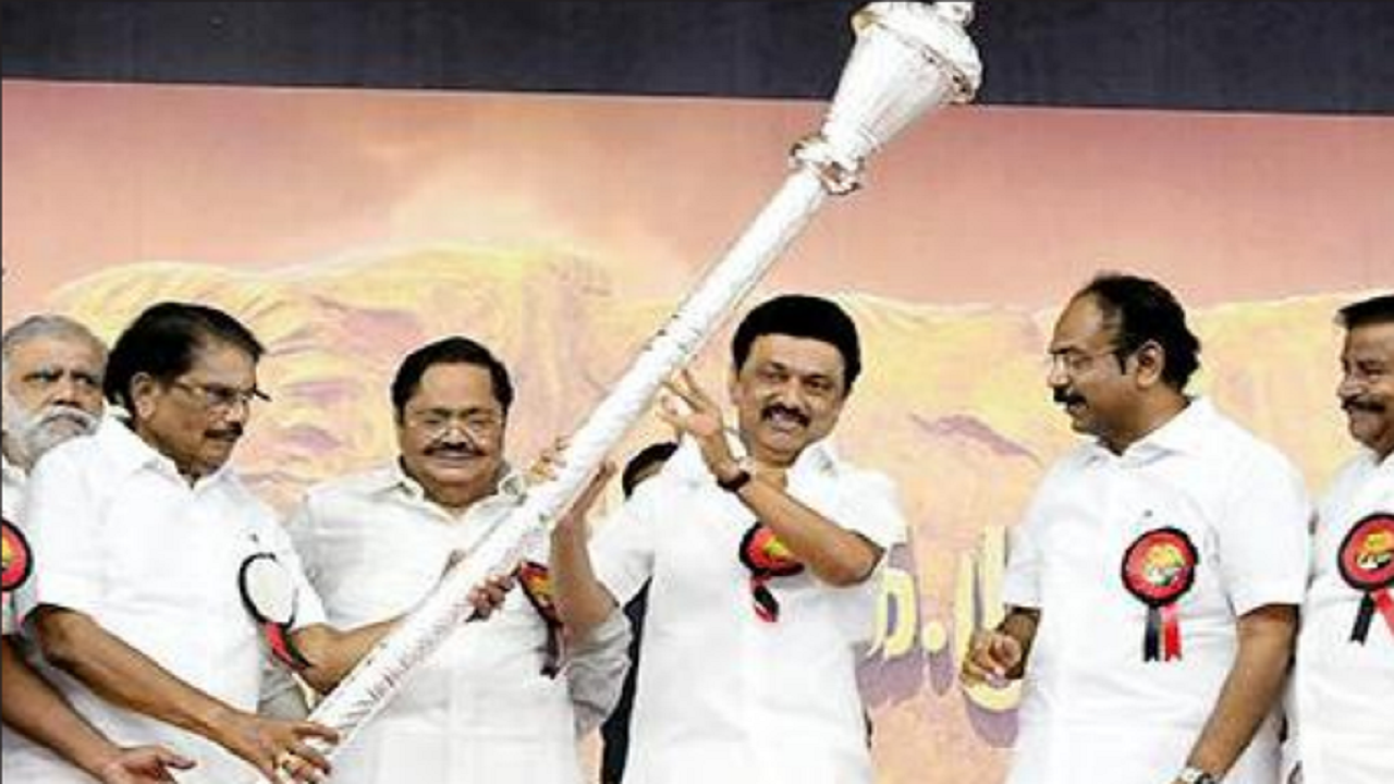 Chief minister M K Stalin receiving a spector from ministers at DMK’s Mupperum Vizha in Virudhunagar