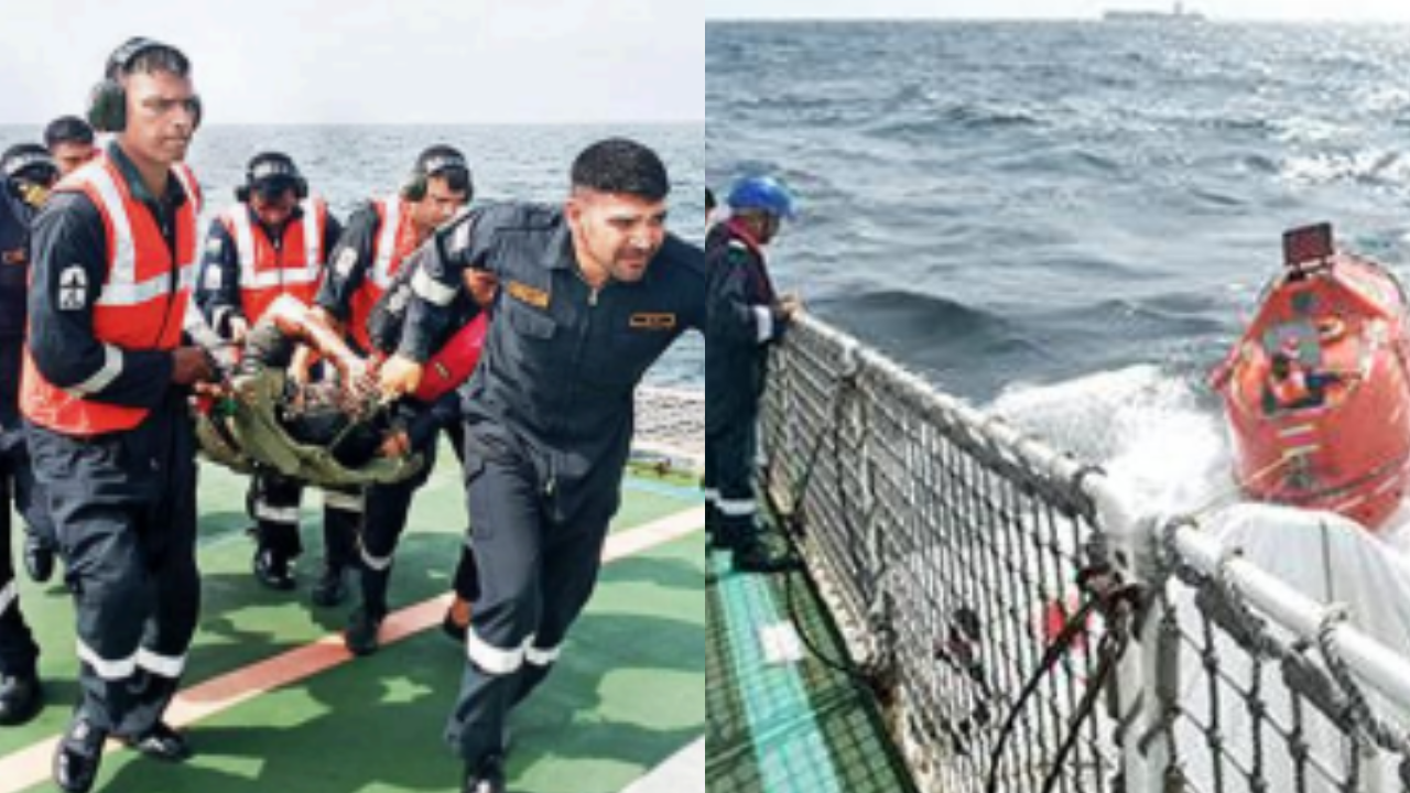 Coast guard personnel rescue the crew members from the lifeboat of MT Parth 