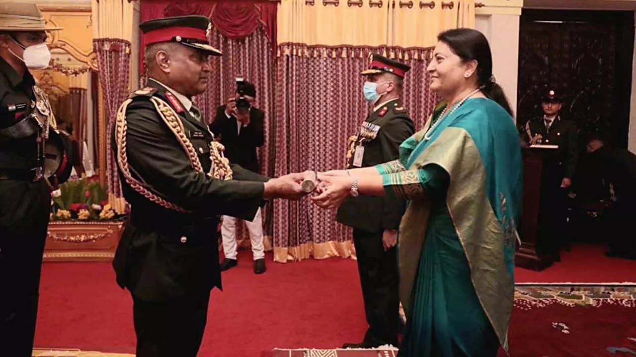 President of Nepal Bidhya Devi Bhandari confers the Honorary Rank of General of Nepali Army on COAS General Manoj Pande. (ANI)