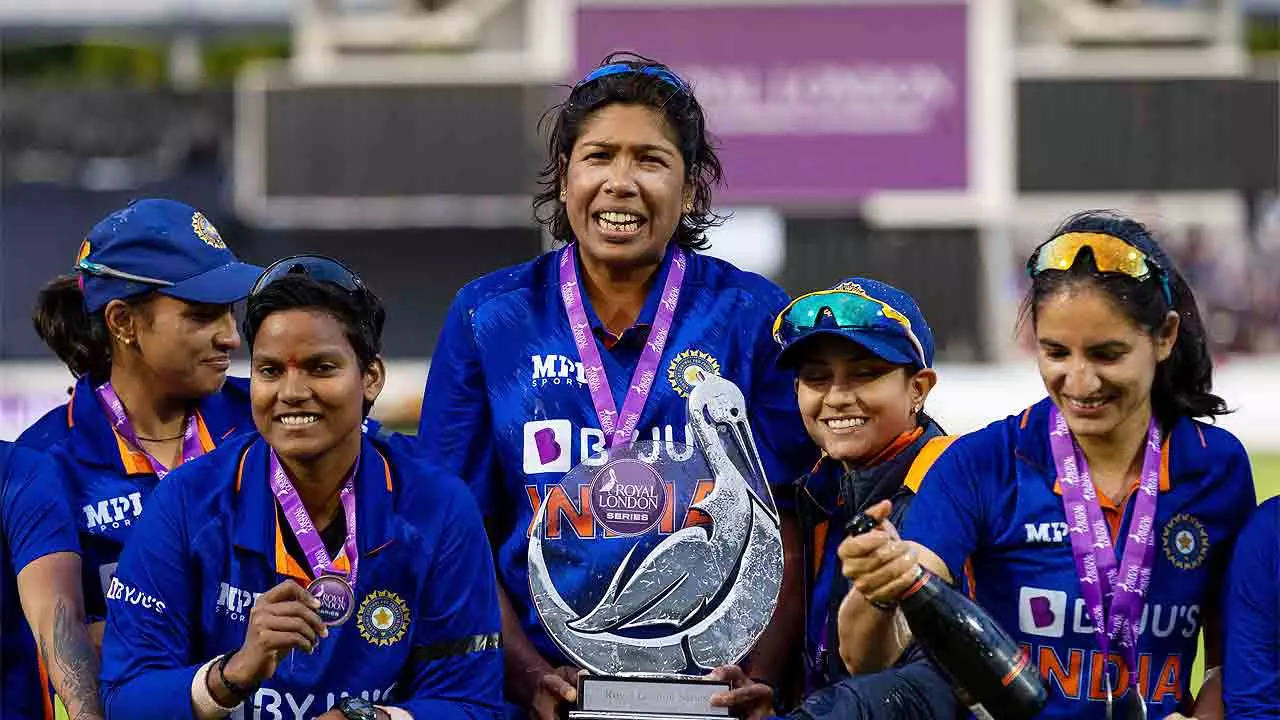India women cricketers celebrate with the trophy after winning series against England at Lord's. (AP Photo)