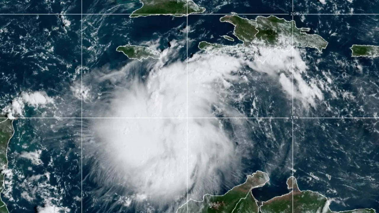 This satellite image provided by the National Oceanic and Atmospheric Administration shows Tropical Storm Ian over the central Caribbean on Saturday, Sept. 24, 2022 (AP)