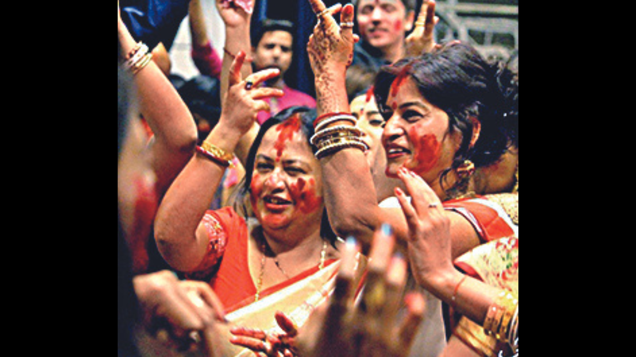 Women participate in sindur khela in Sweden