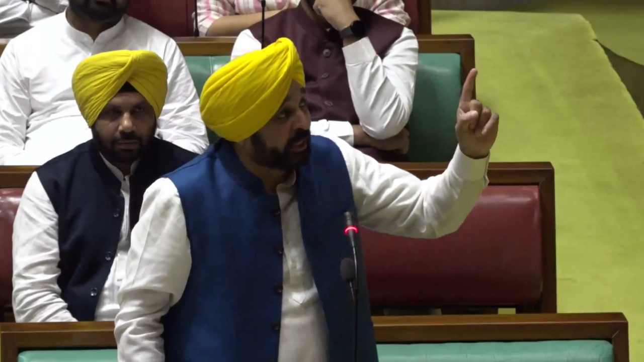 Punjab CM Bhagwant Mann speaking in the state assembly during  confidence motion on Friday.