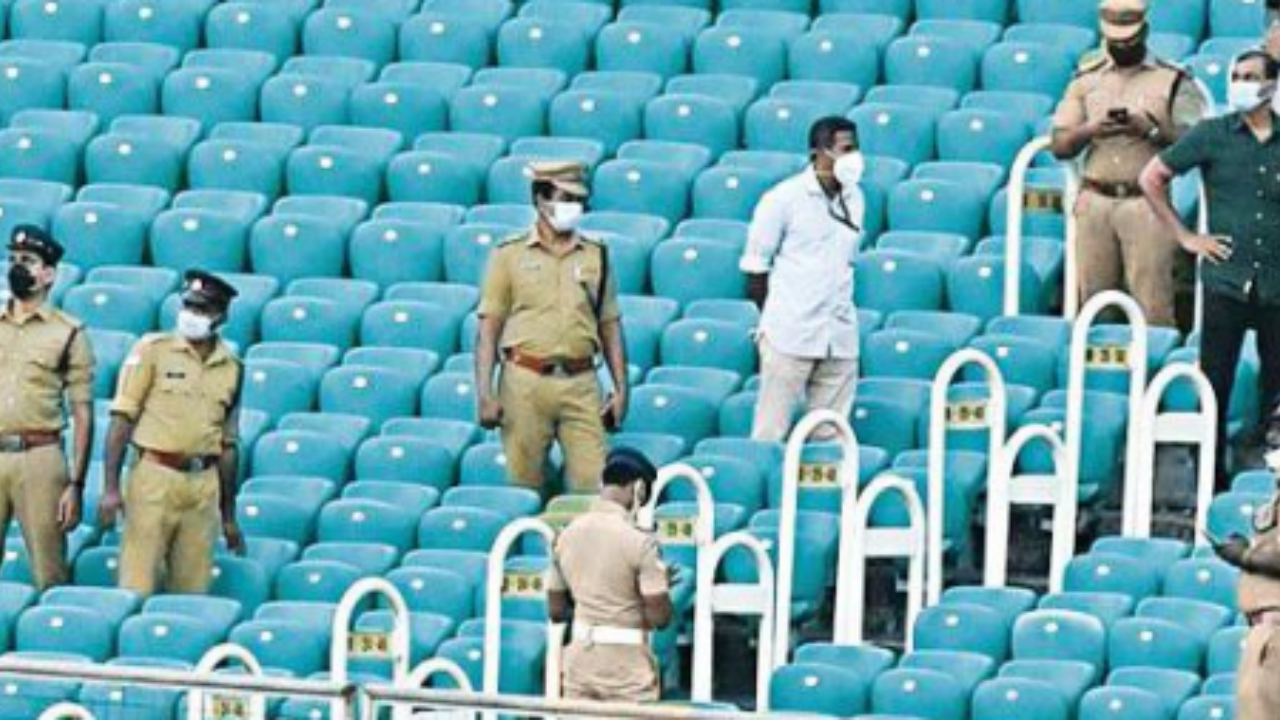 Police inspect the gallery of the Greenfield International Stadium at Kariavattom on the eve of India-SA T-20 match