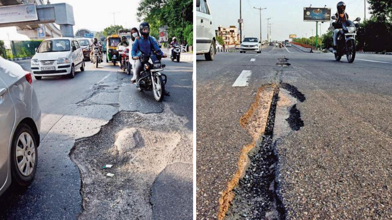 This key stretch is damaged at many spots on both the Noida and Delhi sides, forcing commuters to slow down or change lanes to avoid the potholes