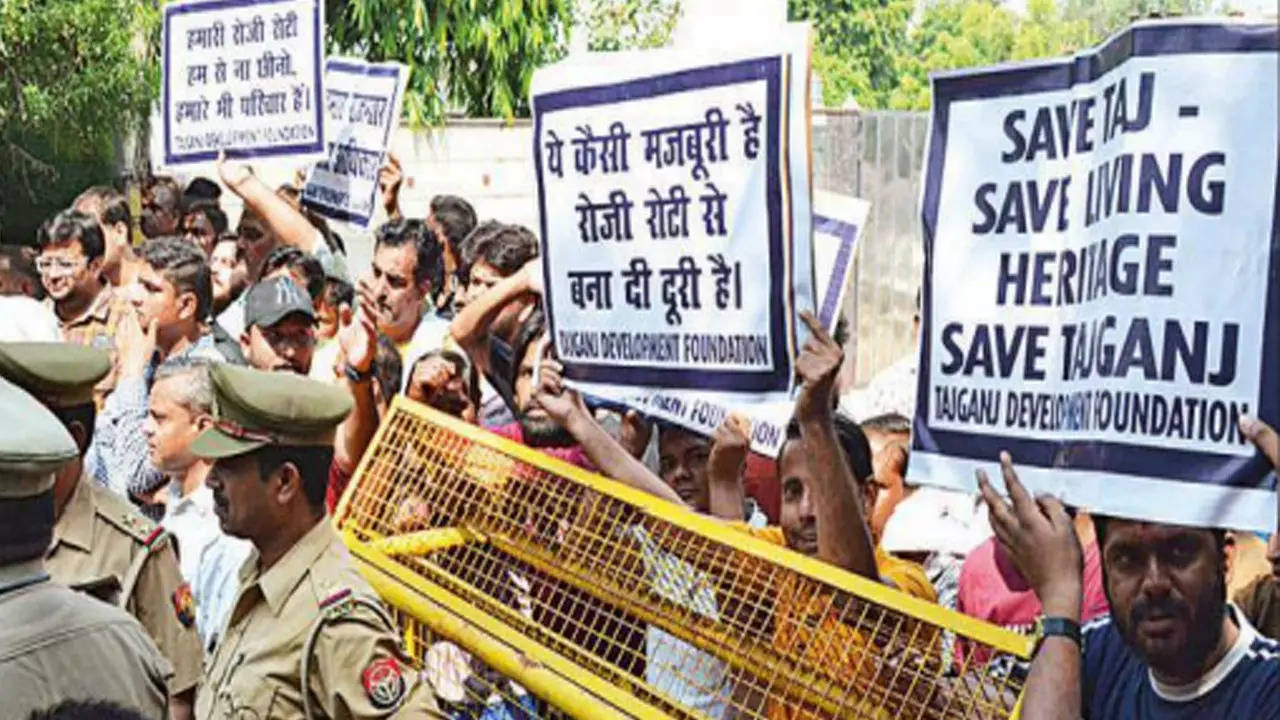 Affected businessmen staged protests in Agra on Sunday