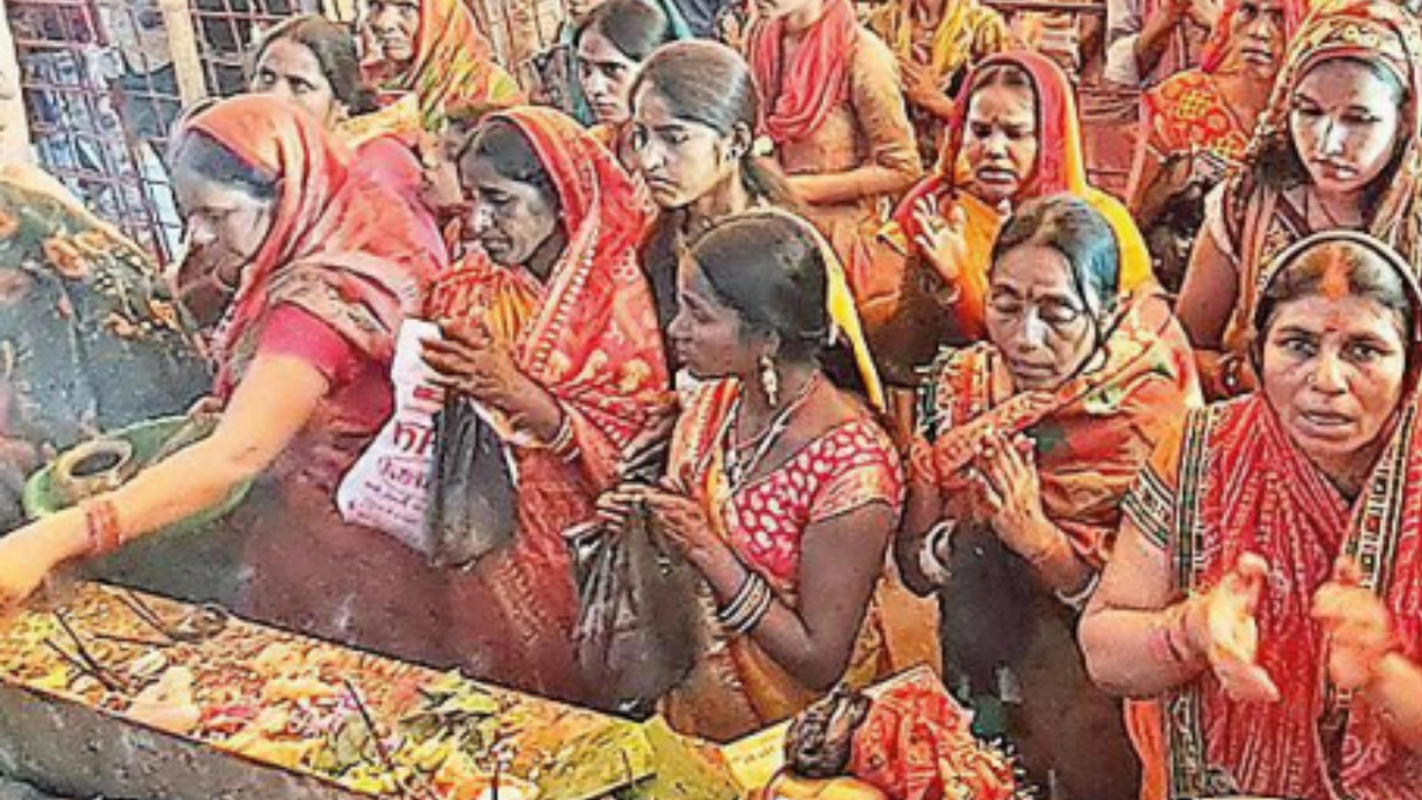 Devotees perform puja at a temple in Motihari on Monday 