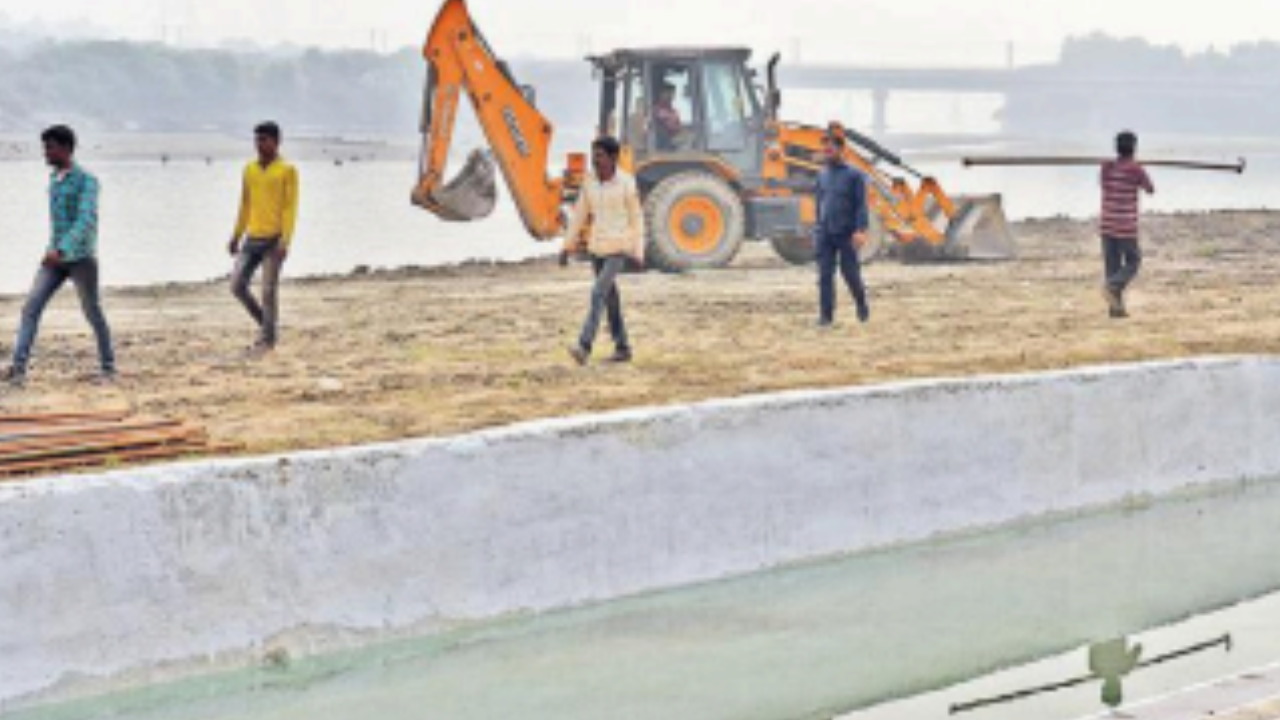 Preparations going on for the Chhath Puja at a ghat near ITO on Friday