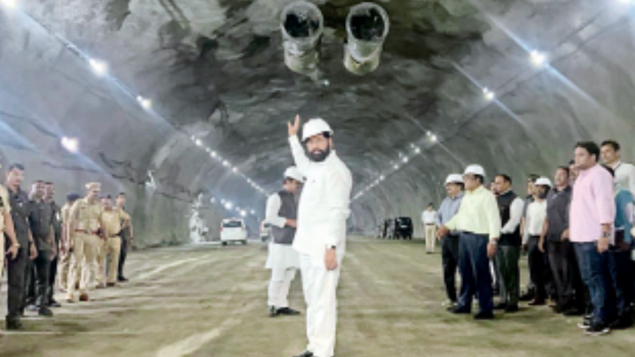 Chief minister Eknath Shinde in one of the Eway’s missing link tunnels on Thursday