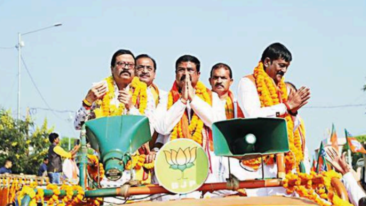 Union education minister Dharmendra Pradhan campaigns in Padampur on Monday