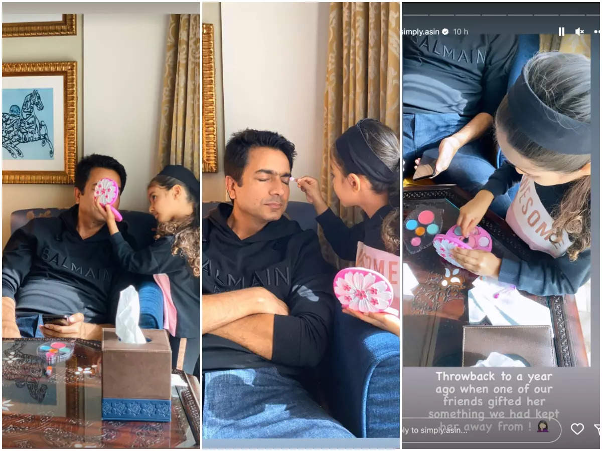 Asin shares a bundle of photos of her daughter Arin putting make-up on her dad Rahul Sharma | Hindi Movie News - Times of India
