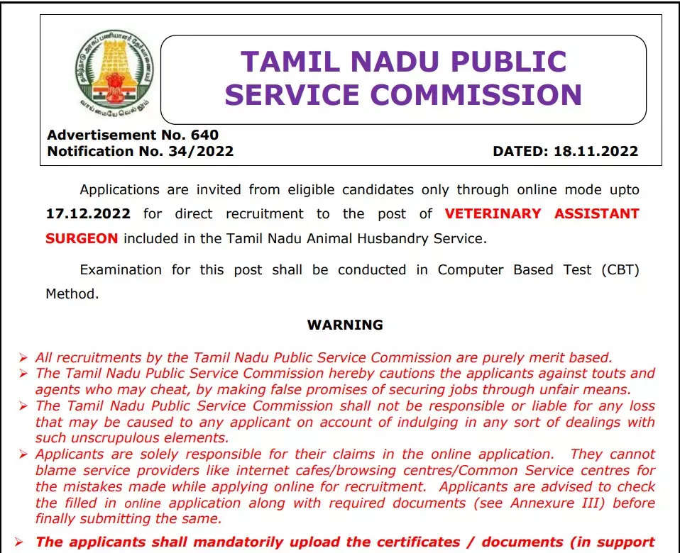 TNPSC Veterinary Assistant Surgeon Recruitment 2022 begins at ,  apply here for 731 vacancies - Times of India
