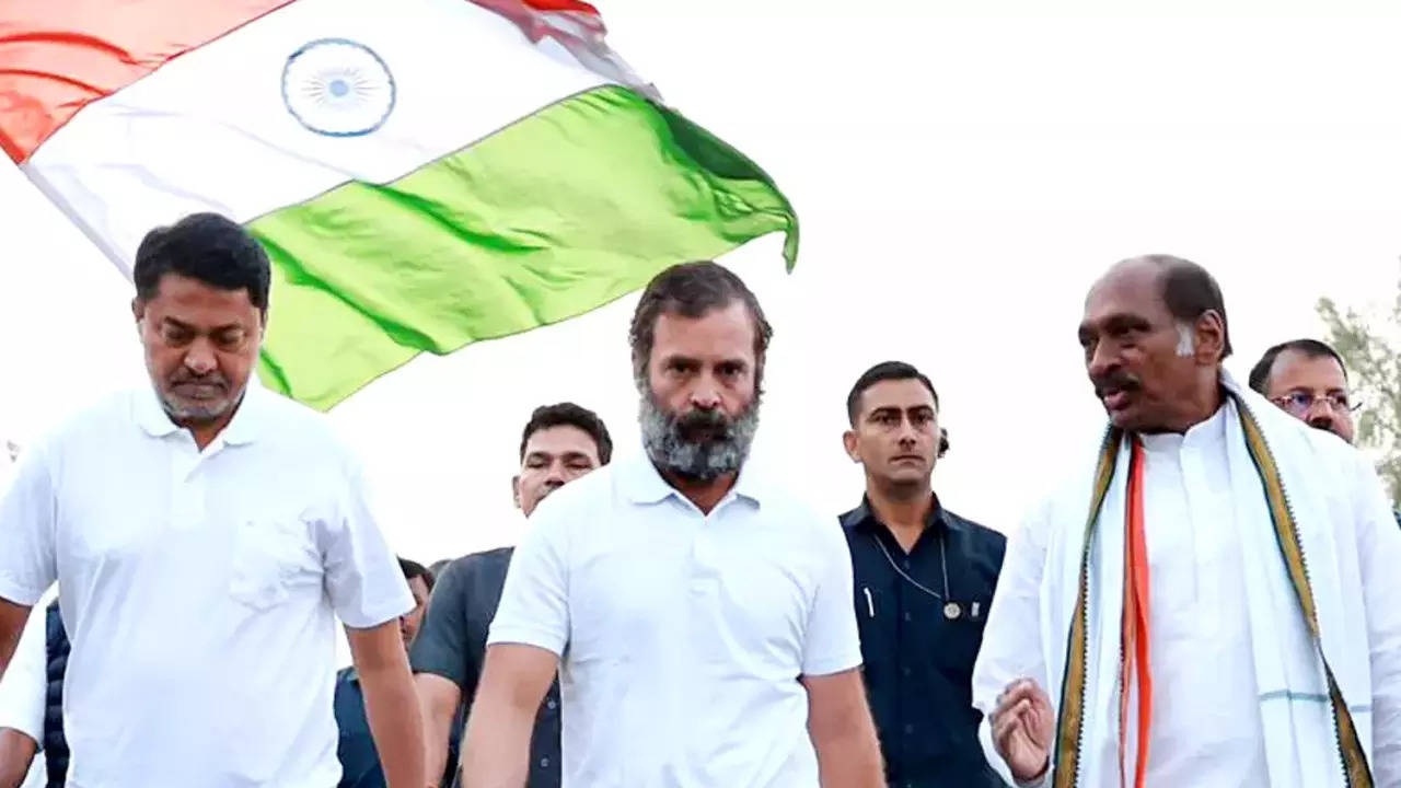 Congress leader Rahul Gandhi with Maharashtra party president Nana Patole and party leader Deepender Singh Hooda during the party's Bharat Jodo Yatra in Akola on Friday (ANI Photo)