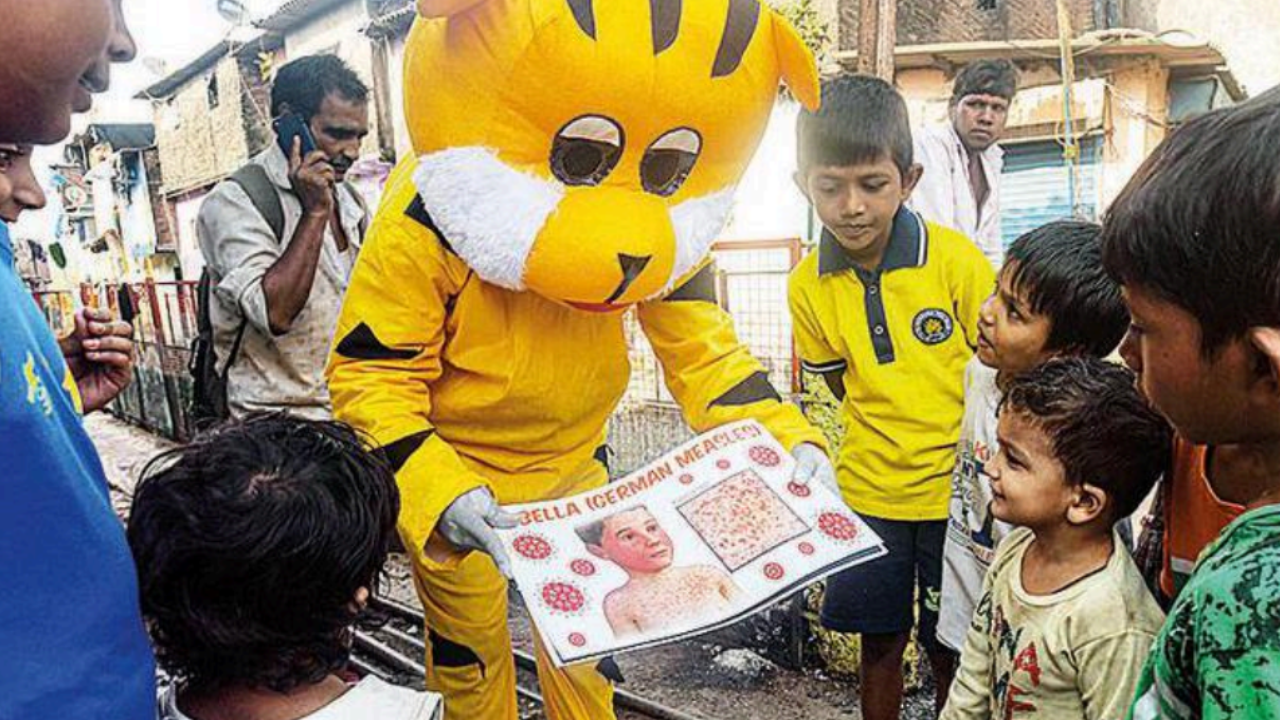 An awareness campaign against measles underway in a densely populated area of Dharavi on Saturday
