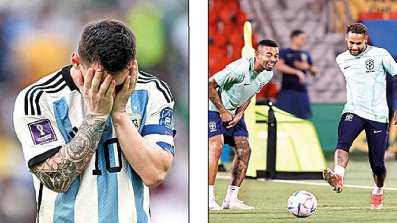 A dejected Messi after Tuesday’s match; (R) Brazilian players practise ahead of their Friday opener