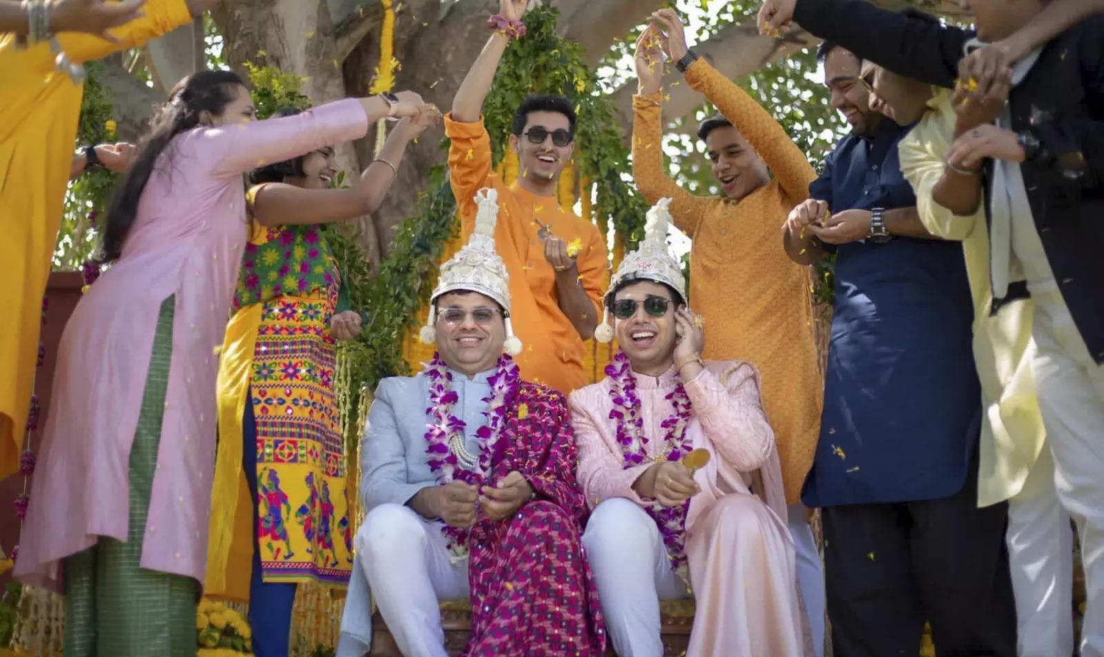 Gay couple Supriyo Chakraborty and Abhay Dang with their friends during their promising ceremony, on the outskirts of Hyderabad. (File photo: PTI)