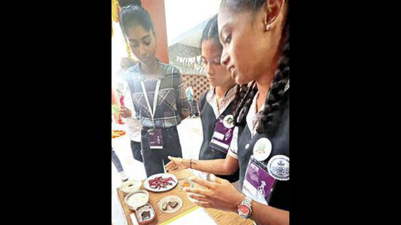 Students examine models at the ninth edition of the state-level  Sahyadri Science Talent Hunt in Mangaluru on Saturday
