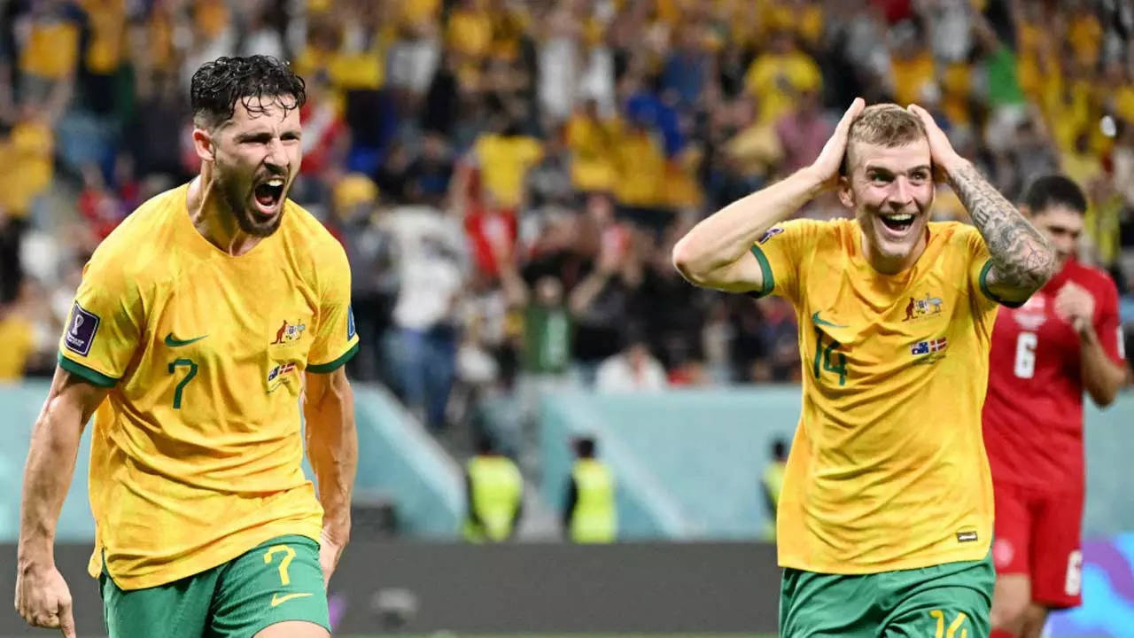 Australian forward Mathew Leckie (left) celebrates after scoring against Denmark during the World Cup Group D match. (AFP Photo)