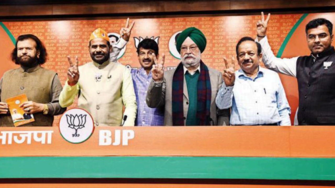 Hardeep Singh Puri with senior party members at BJP’s headquarters on Wednesday