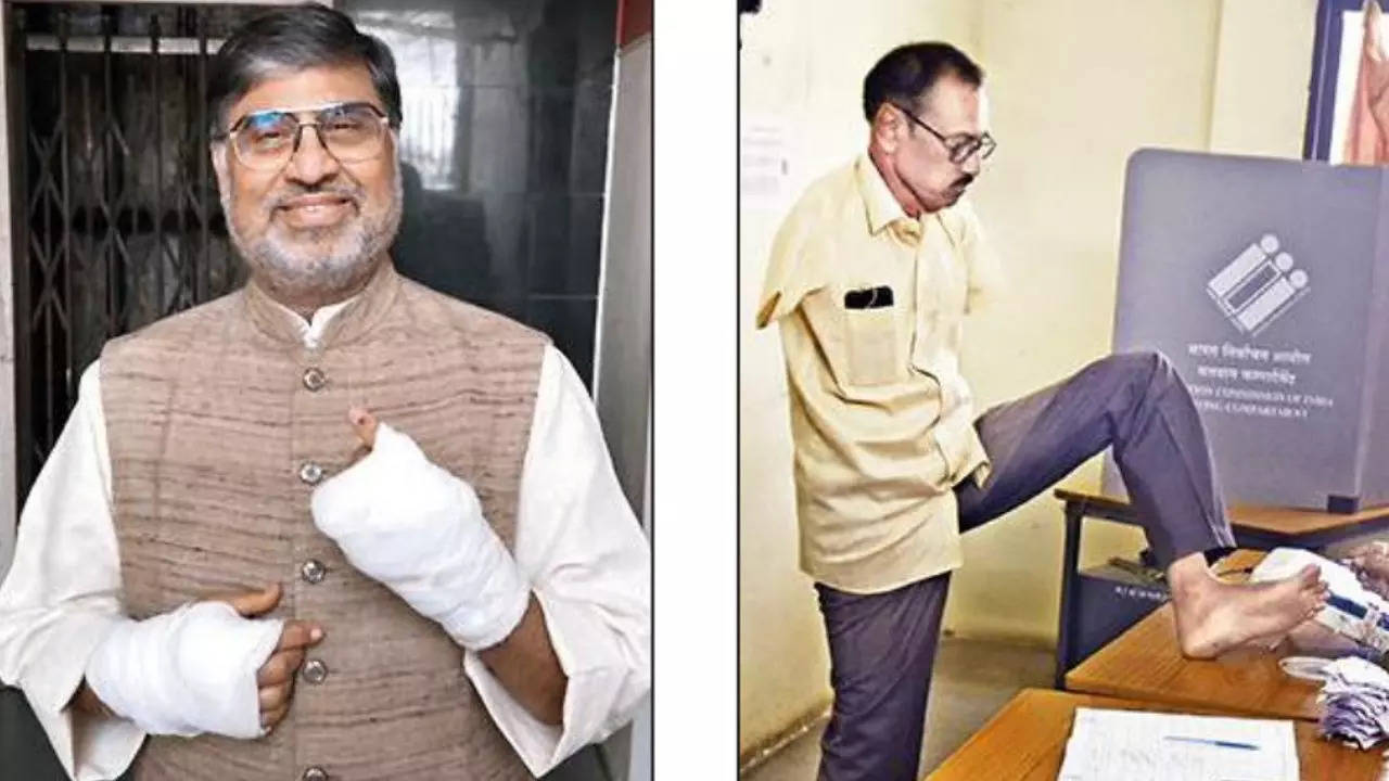 Shilendrasinh Vaghela (L) voted despite having undergone a hand surgery, while Manji Ramani got the indelible ink mark on his toe.