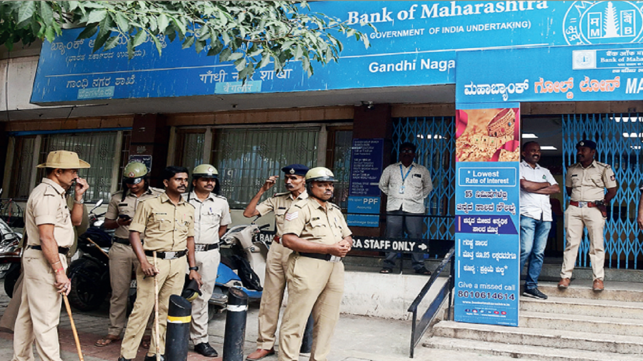 Police were deployed at the Gandhinagar branch of Maharashtra Bank in Bengaluru after pro-Kannada activists staged protests there on Friday