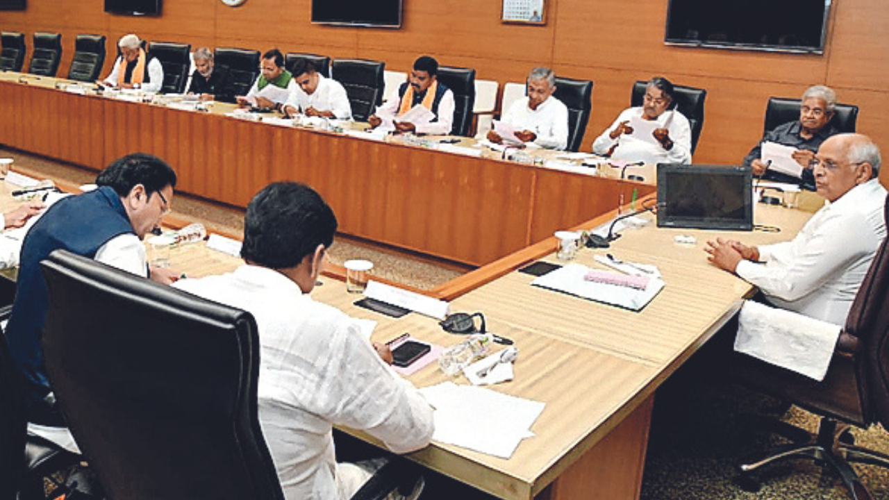 Gujarat chief minister Bhupendra Patel and the newly appointed cabinet ministers at the New Secretariat in Gandhinagar on Tuesday