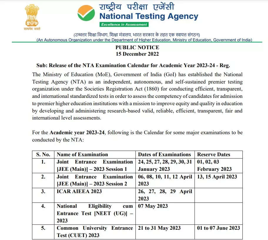 NTA announces CUET 2023 exam dates on nta.ac.in, exam begins May 21 - Times  of India