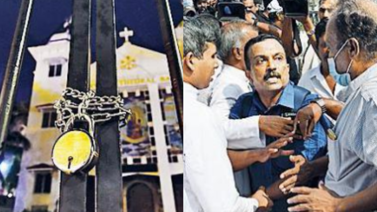 Gates of St Mary's Basilica in Ernakulam were closed on Saturday evening. Believers (R) rgue with each other at the Basilica over the uniform Mass issue as priests look on 