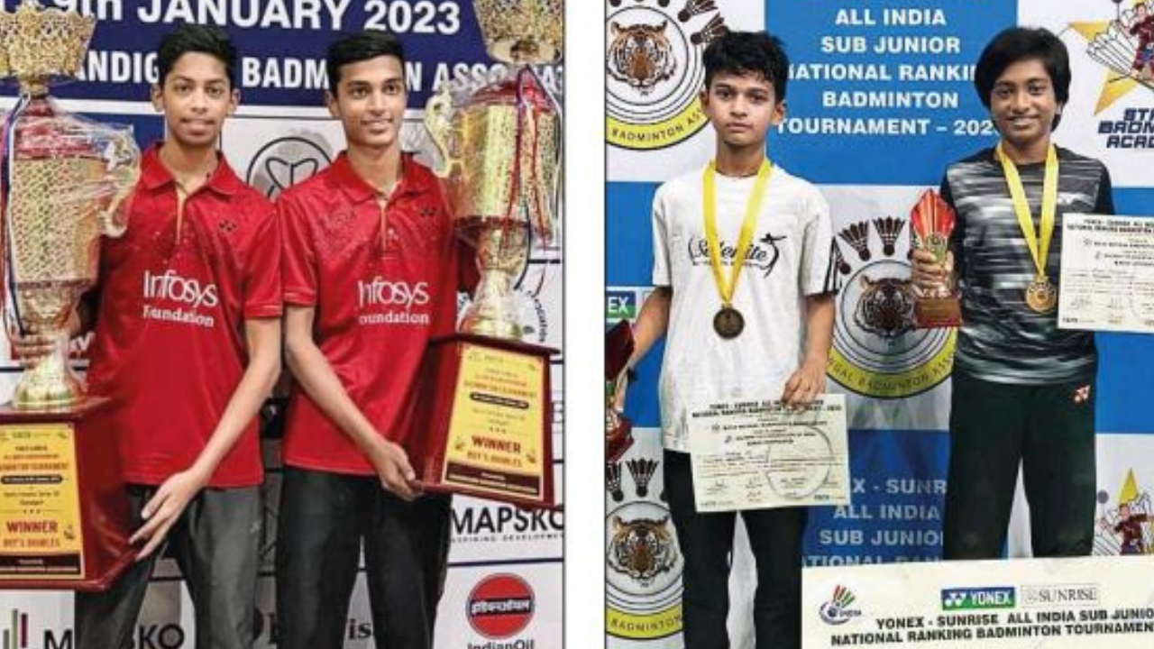 Tushar Suveer (left) and Nicholas Nathan Raj, champions at the all-India junior ranking badminton. Right: Sai Pushkar and Shaina Manimuthu, the U-13 winners