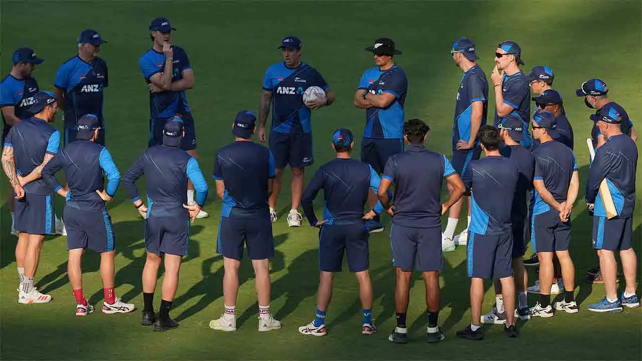 New Zealand cricketers during a practice session in Hyderabad. (AP Photo)