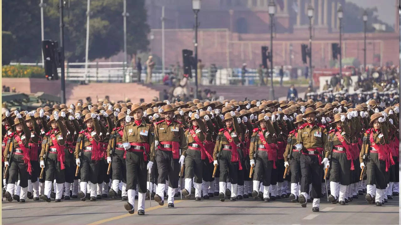 Women personnel of Assam Rifles' march past during rehearsals for the Republic Day parade 2023 at Kartavya Path in New Delhi on Wednesday