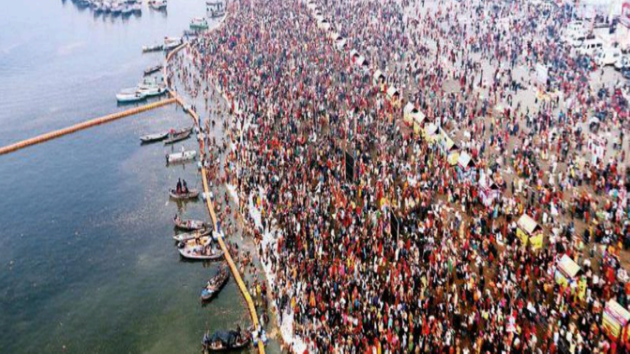 Aerial view of huge influx of devotees who arrived in Prayagraj to take holy dip in Sangam on the occasion of Mauni Amavasya on Saturday