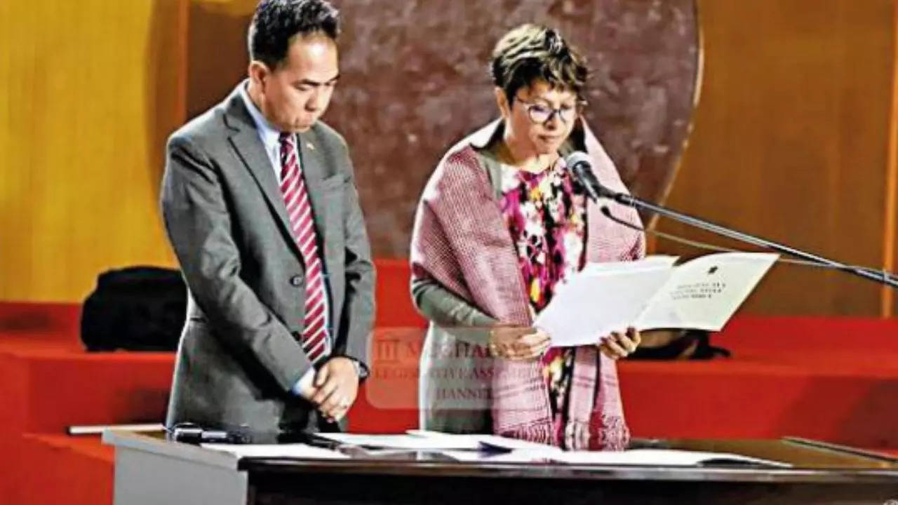 NPP MLA Ampareen Lyngdoh representing East Shillong assembly constituency takes oath in traditional Khasi attire on Monday