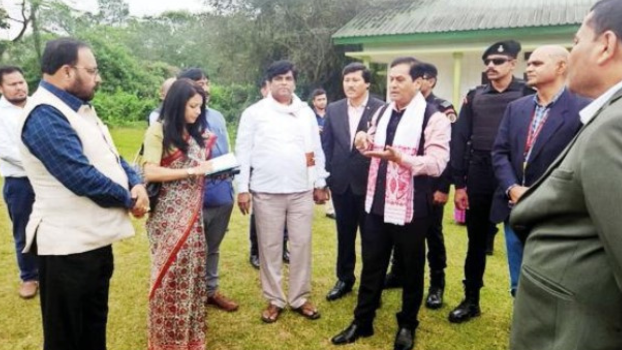 Union minister Sarbananda Sonowal, along with state health minister Keshab Mahanta, reviews preparations for ‘Yoga Mahotsav’ in Dibrugarh on Saturday