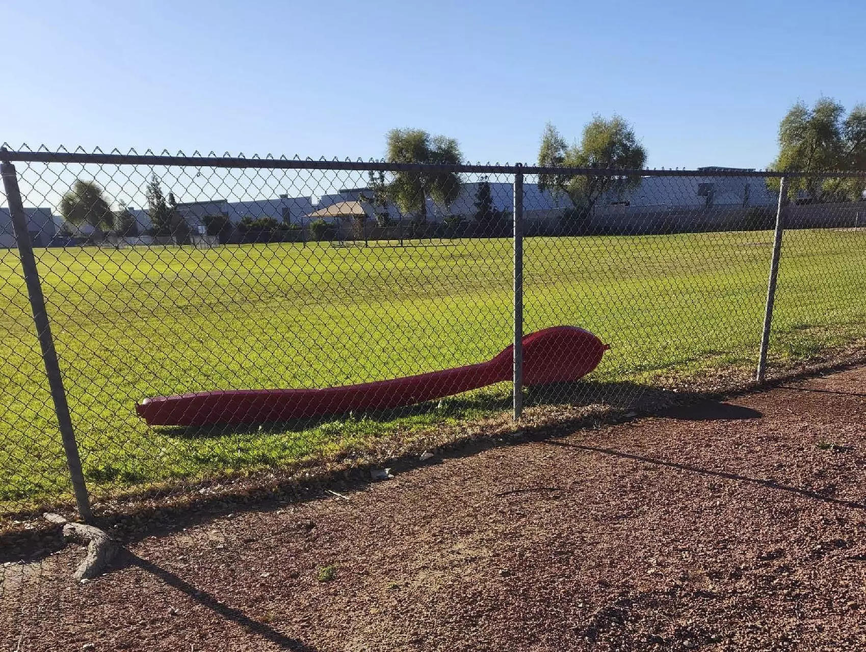 This photo provided by Michael Foster shows a 15-foot red spoon lying behind a fence in Phoenix.