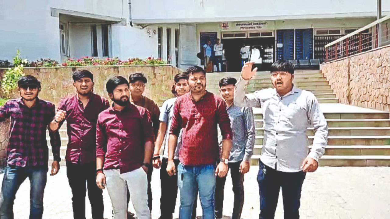 Students protesting against the paper leak in Bhavnagar