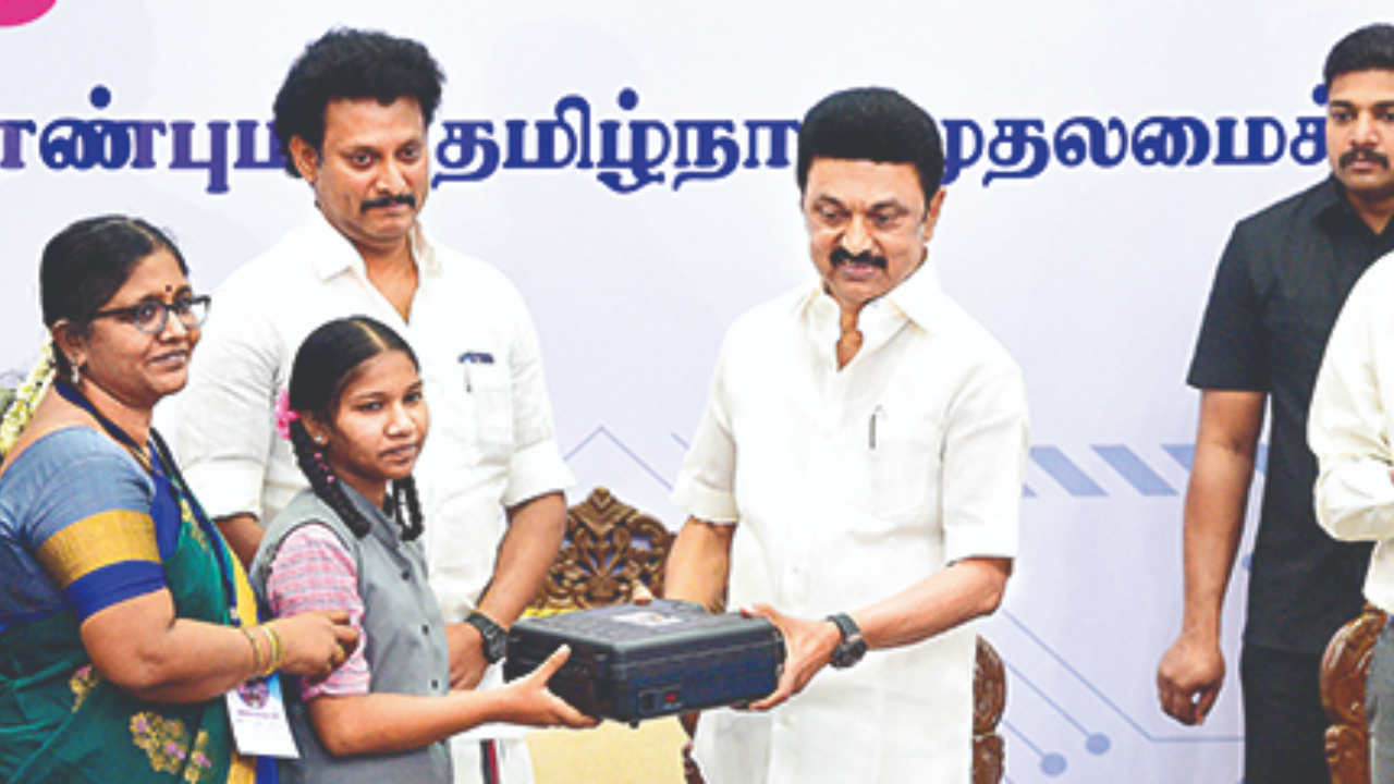  Chief minister M K Stalin distributing e-kits to government schoolchildren on Wednesday
