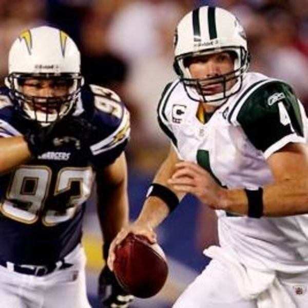 Luis Castillo #93 of the San Diego Chargers reacts after a sack on  quarterback Brett Favre #4 of the New York Jets on September 22, 2008 at  Qualcomm Stadium in San Diego - Photogallery