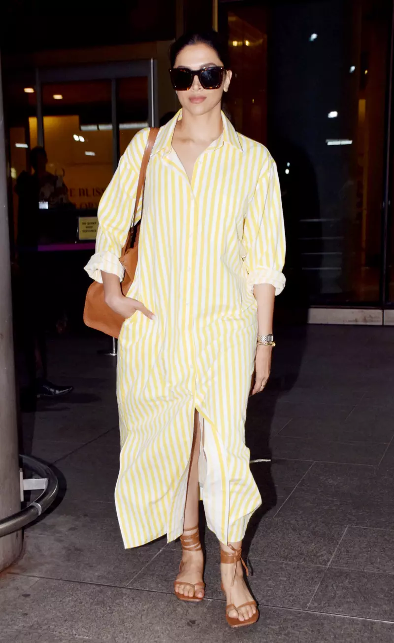 deepika padukone shirt dress Deepika Padukone Steps Out in Striped Shirt Dress With Front Slit
