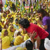Wrestlers Vinesh Phogat and Sakshi Malik with farmers at Jantar Mantar in New Delhi