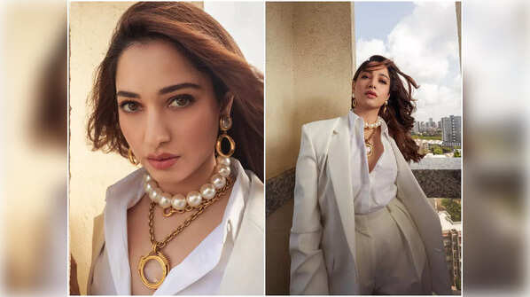 Pantsuit and pearls