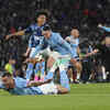 Manchester City players celebrate at the end of the Champions League final against Inter Milan at the Ataturk Olympic Stadium in Istanbul, Turkey.