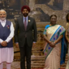World Bank president Ajay Banga arrives at Bharat Mandapam in Delhi for G20 dinner, received by President Droupadi Murmu and Prime Minister Narendra Modi